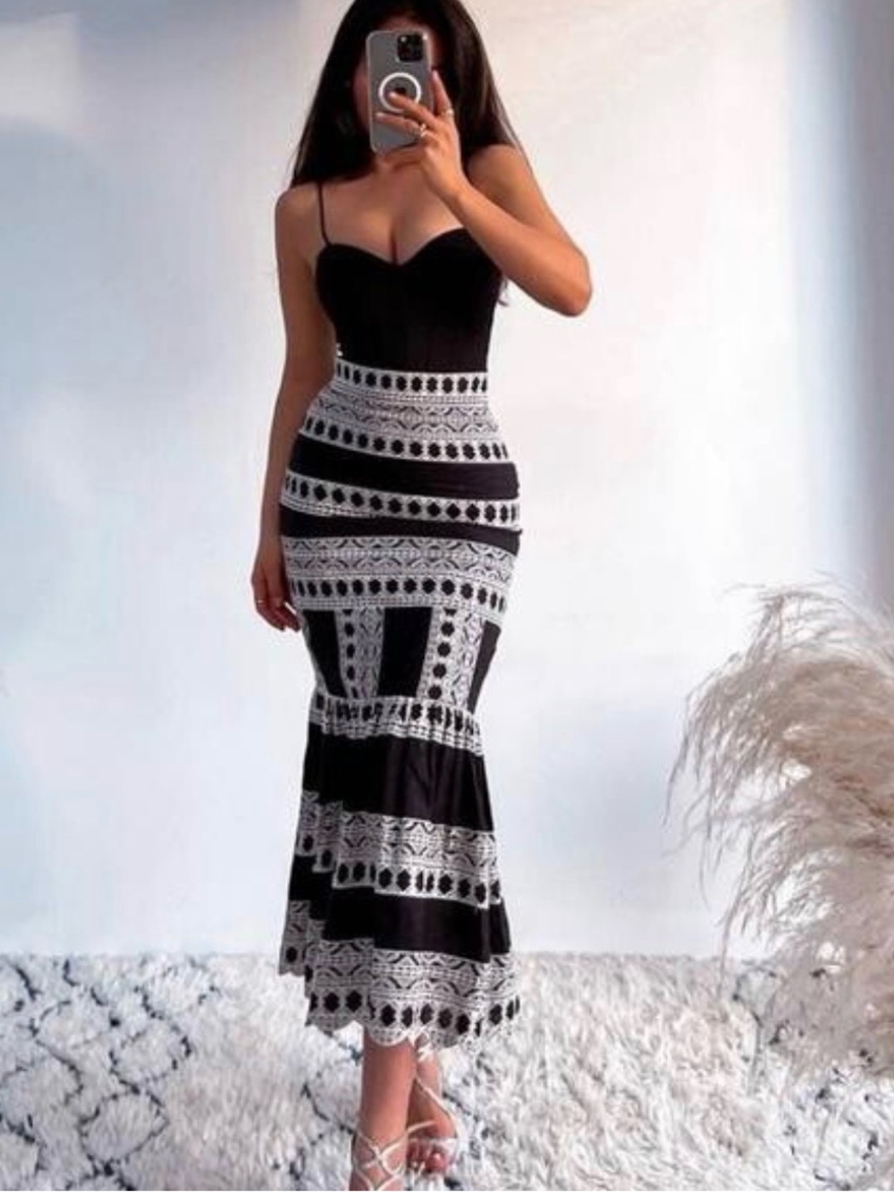 Zara - Black White Embroidered Midi Skirt With Ruffled Hem